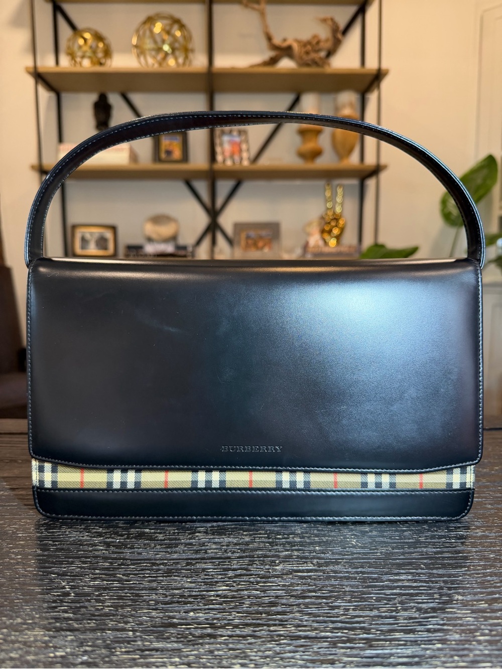 Burberry Black Leather Shoulder Bag with Classic Check Accent